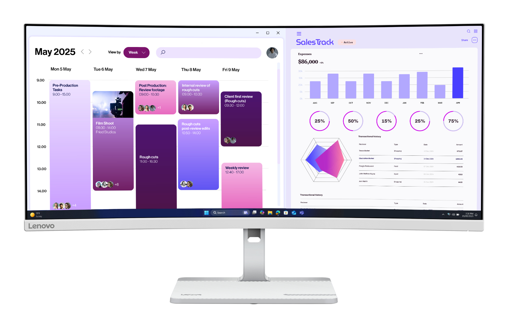 Lenovo L34W-4C Monitor Office Monitor 120Hz, Höhenverstellung 150mm, Weißes Modell (Cloud Grey)